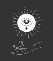 esotérico celestial olho dentro verão solstício Sol placa levitar sobre mulher mão. espiritualidade equinócio feriado linear símbolo. místico tatuagem esboço logotipo. boho horário de verão estilo eps logótipo vetor