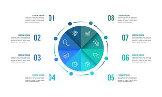 infográfico torta gráfico com 8 processos para sucesso. anual relatório. o negócio apresentação. desenvolvimento, fluxo de trabalho e Linha do tempo. vetor