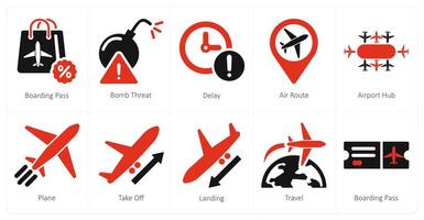 uma conjunto do 10 aeroporto ícones Como embarque passar, bombear ameaça, demora vetor