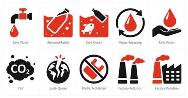 uma conjunto do 10 ecologia ícones Como Salve  água, reciclado garrafa, Salve  oceano vetor
