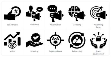 uma conjunto do 10 branding ícones Como social meios de comunicação, promoção, propaganda vetor