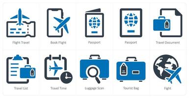 uma conjunto do 10 viagem e período de férias ícones Como voar viagem, livro voo, Passaporte vetor