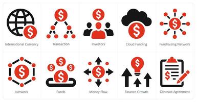 uma conjunto do 10 financiamento colaborativo e doação ícones Como internacional moeda, transação, investidores vetor
