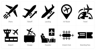 uma conjunto do 10 aeroporto ícones Como avião, decolar, aterrissagem vetor