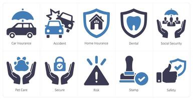 uma conjunto do 10 seguro ícones Como carro segurança, acidente, casa seguro vetor