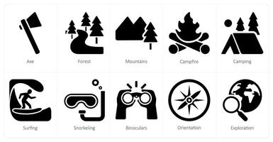 uma conjunto do 10 aventura ícones Como Machado, floresta, montanhas vetor