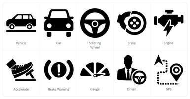 uma conjunto do 10 carro ícones Como veículo, carro direção roda vetor