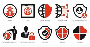 uma conjunto do 10 segurança ícones Como hacker, espião, global segurança vetor
