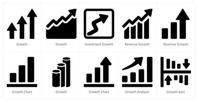 uma conjunto do 10 diagramas e relatórios ícones Como crescimento, investimento crescimento, receita crescimento vetor