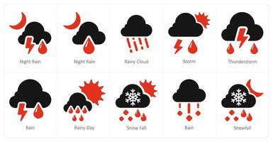 uma conjunto do 10 clima ícones Como noite chuva, chuvoso nuvem, tempestade vetor
