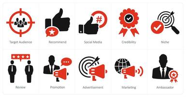 uma conjunto do 10 influenciador ícones Como alvo público, recomendar, social meios de comunicação vetor