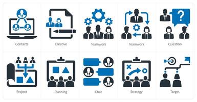 uma conjunto do 10 trabalho em equipe ícones Como Contatos, criativo, trabalho em equipe vetor