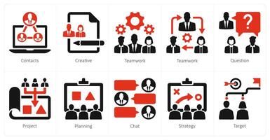 uma conjunto do 10 trabalho em equipe ícones Como Contatos, criativo, trabalho em equipe vetor