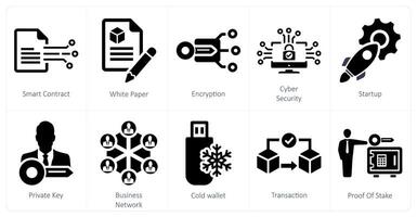 uma conjunto do 10 blockchain ícones Como inteligente contrato, branco papel, criptografia vetor