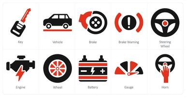 uma conjunto do 10 carro ícones Como chave, veículo, freio vetor