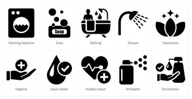 uma conjunto do 10 higiene ícones Como lavando máquina, sabão, tomando banho vetor