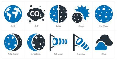 uma conjunto do 10 clima ícones Como terra, co2, eclipses vetor