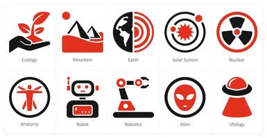 uma conjunto do 10 Ciência e experimentar e experimentar ícones Como ecologia, montanha, terra vetor