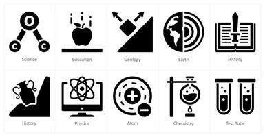 uma conjunto do 10 Ciência e experimentar ícones Como Ciência, Educação, geologia vetor