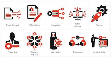 uma conjunto do 10 blockchain ícones Como inteligente contrato, branco papel, criptografia vetor