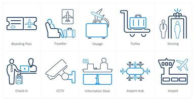 uma conjunto do 10 aeroporto ícones Como embarque passar, viajante, viagem vetor