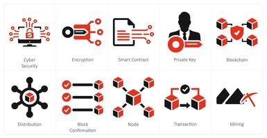 uma conjunto do 10 blockchain ícones Como cyber segurança, criptografia, inteligente contrato vetor