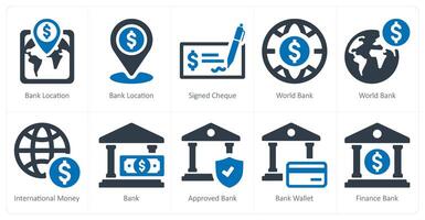 uma conjunto do 10 finança ícones Como banco localização, assinado verificar, mundo banco vetor