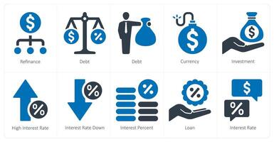 uma conjunto do 10 empréstimo e dívida ícones Como refinanciar, dívida, moeda vetor