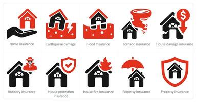 uma conjunto do 10 seguro ícones Como casa seguro, tremor de terra dano, inundar seguro vetor