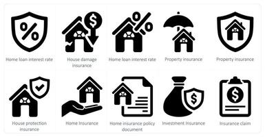 uma conjunto do 10 seguro ícones Como casa empréstimo interesse avaliar, casa danificar seguro, propriedade seguro vetor