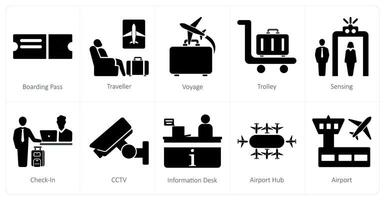 uma conjunto do 10 aeroporto ícones Como embarque passar, viajante, viagem vetor