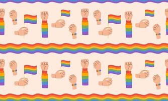 desatado padronizar com símbolo do lgbtq orgulho comunidade. mão segurando arco Iris lgbt bandeira. elevado punho gesto. lgbt orgulho mês. ilustração vetor
