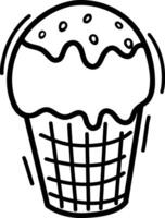 uma fofa gelo creme cone. doce Comida ilustração, desenhado à mão dentro a estilo do rabiscos. perfeito para vários desenhos, cartões postais, decorações, logotipos, menus. vetor