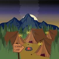 manhã acampamento dentro uma floresta com quatro tendas e uma fogueira. panorama Visão em uma acampamento dentro a montanhas em verão ao ar livre período de férias. vetor