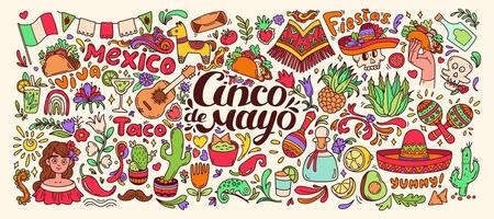 cinco de maionese rabisco conjunto cor. mexicano Comida elementos, tradições, plantas grande coleção. mexicano celebração fundo. guitarra, sombreiro, maracás, cacto e Pimenta, taco, tequila isolado em branco. vetor