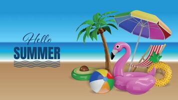 Olá verão bandeira com de praia guarda-chuva, Palma árvore, inflável unicórnio e de praia bola em de praia panorama vetor