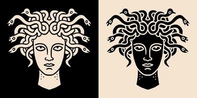 medusa cabeça minimalista retrato logotipo Preto e bege grego deusa estilizado desenhando Sombrio academia estético ilustração mitologia amante imprimível camisa Projeto adesivo vetor