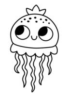 Preto e branco bebê medusa ícone. debaixo a mar linha ilustração com fofa engraçado geléia peixe. oceano animal clipart. desenho animado embaixo da agua ou marinho grampo arte ou coloração página para crianças vetor
