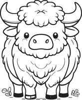 uma desenho animado vaca com uma grande chifre e uma grande fofo juba vetor