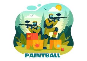 pessoas jogando paintball ilustração do lutador jogador tiroteio com arma de fogo atirar, mirar, ataque dentro campo cena dentro plano desenho animado fundo vetor