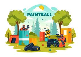 pessoas jogando paintball ilustração do lutador jogador tiroteio com arma de fogo atirar, mirar, ataque dentro campo cena dentro plano desenho animado fundo vetor