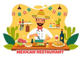 mexicano Comida restaurante ilustração com vários do delicioso tradicional cozinha tacos, nachos e de outros em plano desenho animado fundo vetor