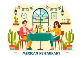 mexicano Comida restaurante ilustração com vários do delicioso tradicional cozinha tacos, nachos e de outros em plano desenho animado fundo vetor