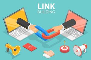 3d isométrico plano conceito do ligação prédio, SEO, backlink estratégia. vetor