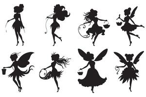 conjunto do silhuetas mágico fadas dentro a desenho animado estilo livre Projeto vetor