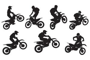 conjunto do silhueta motociclista cavaleiro elevadores a frente roda livre Projeto vetor