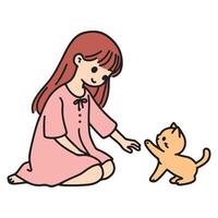 ilustração do uma menina com grandes cabelo dentro uma Rosa vestir suavemente alcançando Fora para uma pequeno, brincalhão gatinho. vetor