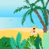 uma menina dentro uma chapéu ondas dela mão a partir de a costa do uma arenoso mar de praia para alguém dentro a água. ilustração dia mar de praia menina dentro roupa de banho e Palma árvore perto vetor