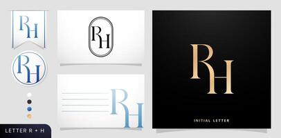 uma conjunto do o negócio cartões com a carta rh, luxo inicial cartas r e h logotipos desenhos dentro azul cores para branding Publicidades campanhas, tipografia, bordado, cobertura convites, envelope placa símbolos vetor