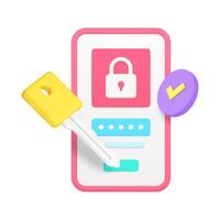 Smartphone pessoal conta inscrição proteção senha chave segurança Acesso 3d ícone vetor